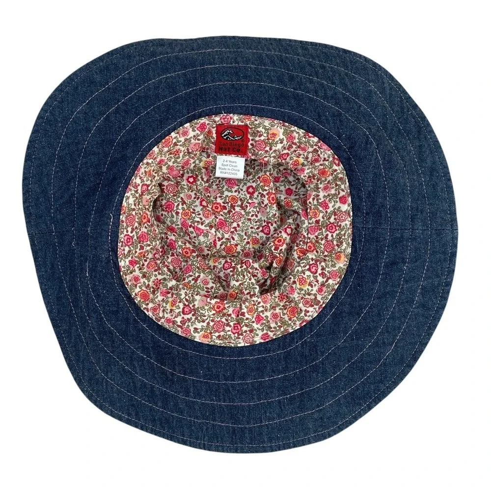 San Diego Hat Co Girls Denim Sun Hat Blue Floral‎ Wide Brim 2-4 Years